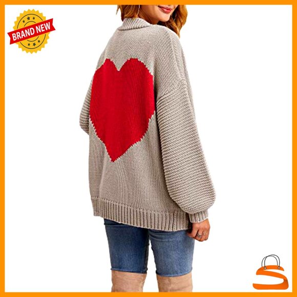 Chunky Knit Oversized Cardigan Open Front Long Sleeve Heart Patch Y2K Chic - Picture 2 of 7